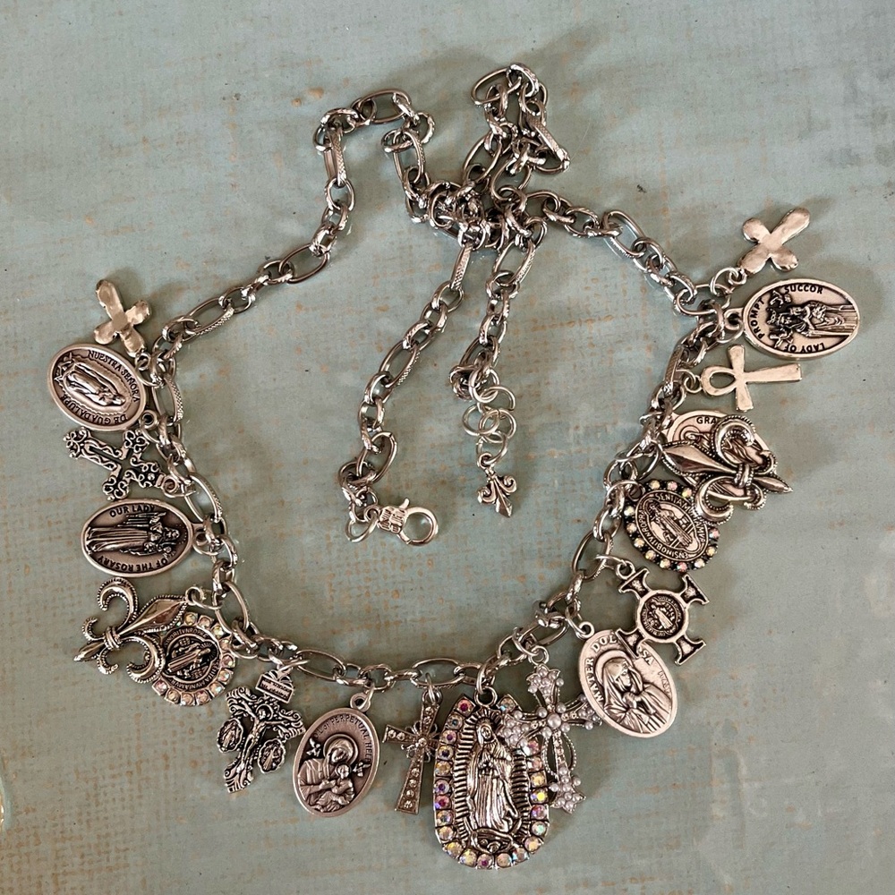 Guadalupe, Saints & Crosses Double Sided Antiqued Silver Tone Festoon Necklace - Picture 12 of 15